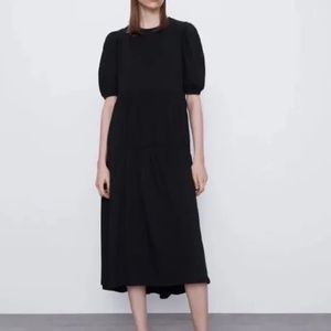 Zara Midi Cotton Tiered Puff Sleeve Dress